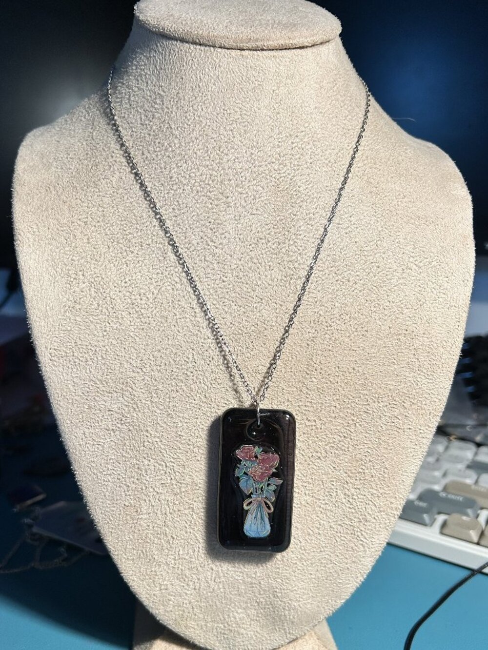 Black Floral Vase Resin Pendant Necklace